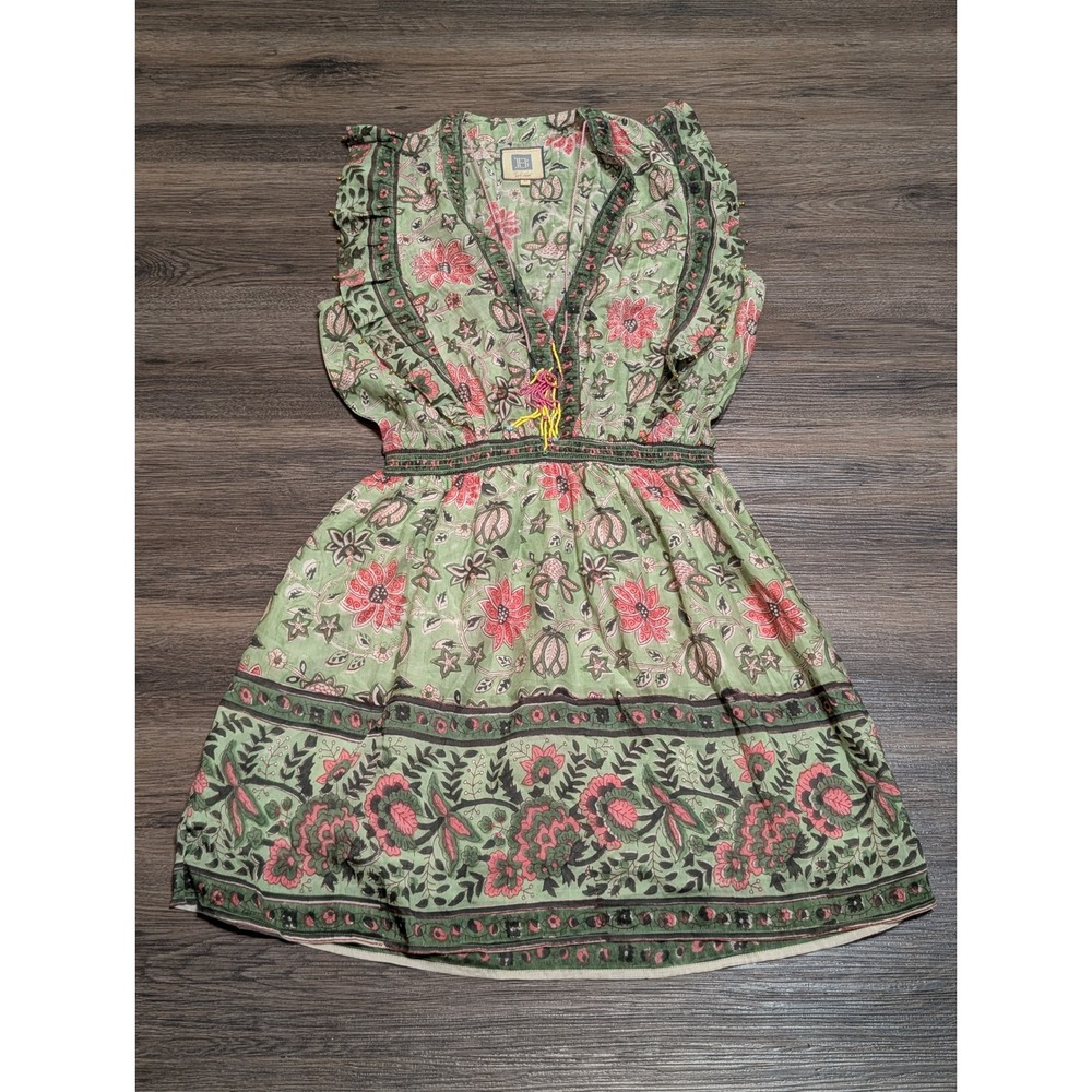 Bell Green Floral Block Print Mini Dress Beaded Tassel Boho Womens Medium